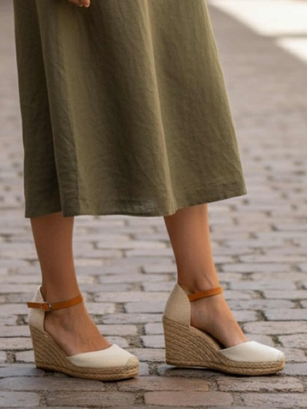White Mountain White and Tan Espadrille Wedge Sandals